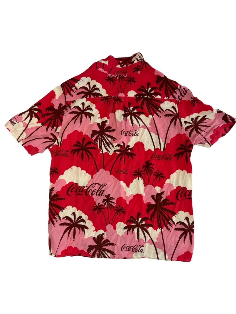 Coca-Cola Hawaiian Shirt Men’s Large Red Pink Palm Tree Tropical Button Up - Picture 3 of 4